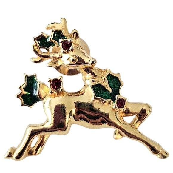 Avon Jewelry - Avon Gold Tone Holly Reindeer, Red Rhinestone Lapel Pin, Signed L71